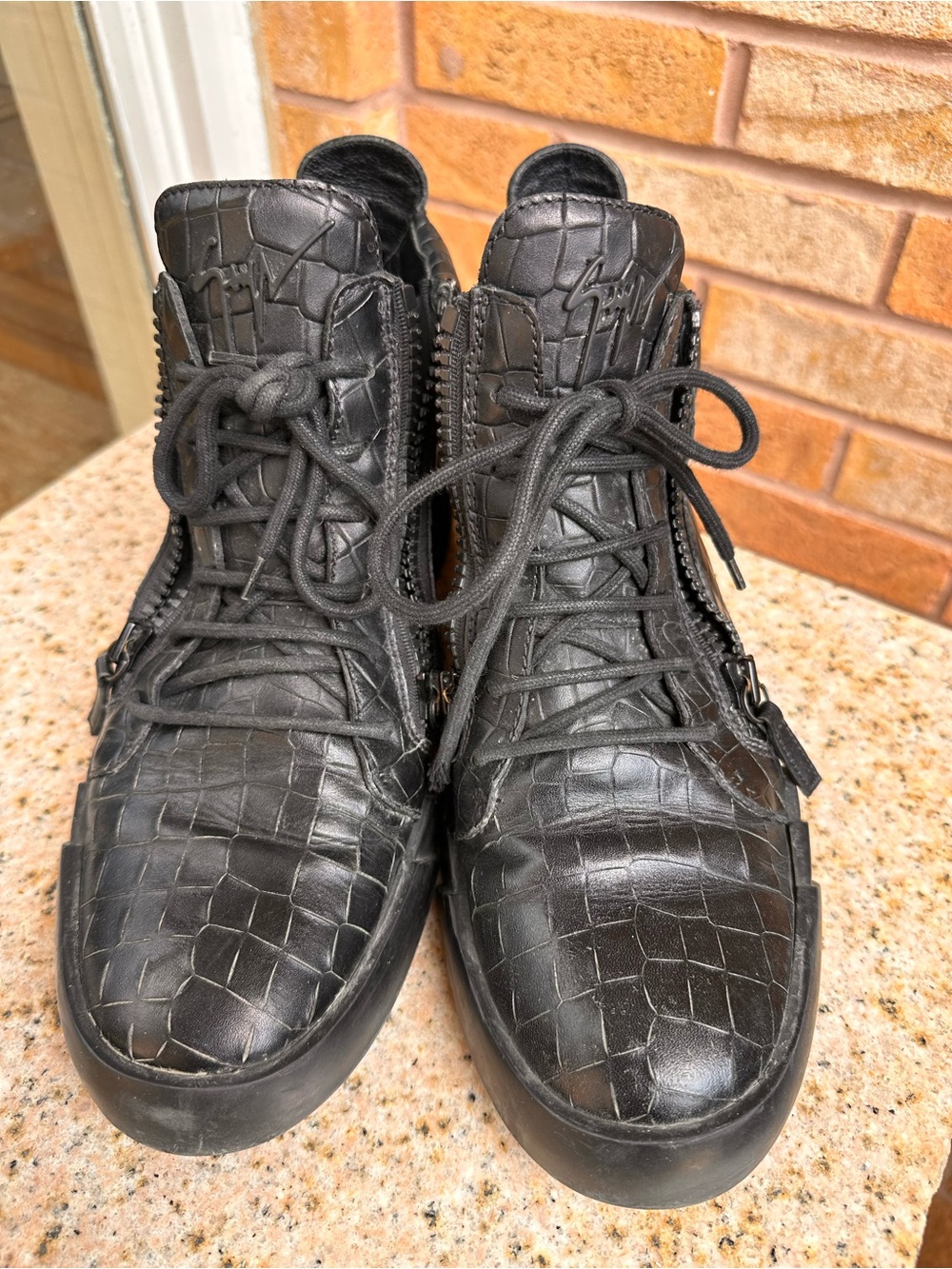 Giuseppe Zanotti Black Croc-Embossed High-Top Boots, Size 44